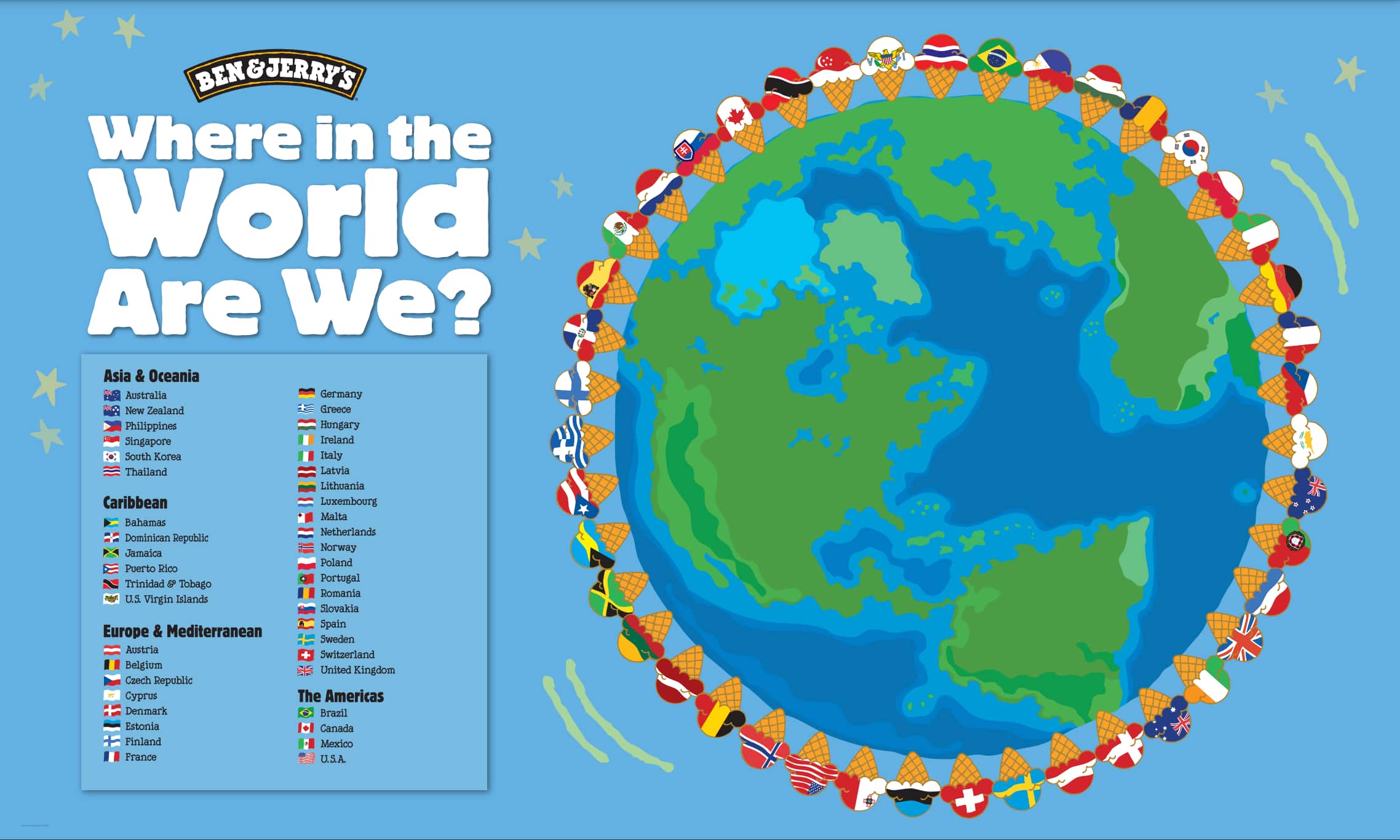 Infographic listing the countries that Ben & Jerry's does business.